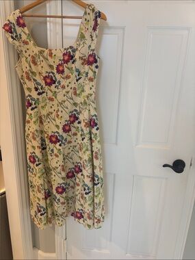 Cream Floral Midi Dress with Purple Bouquet